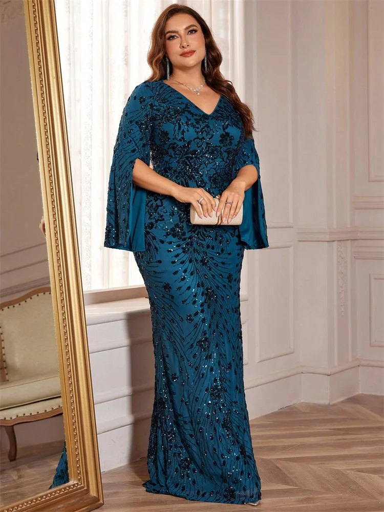 Lucyinlove Plus Größe Luxus Schwarz Abendkleider Frauen Schlitz Langarm Meerjungfrau Formale Pailletten Hochzeit Party Cocktail Kleider – Detail 16