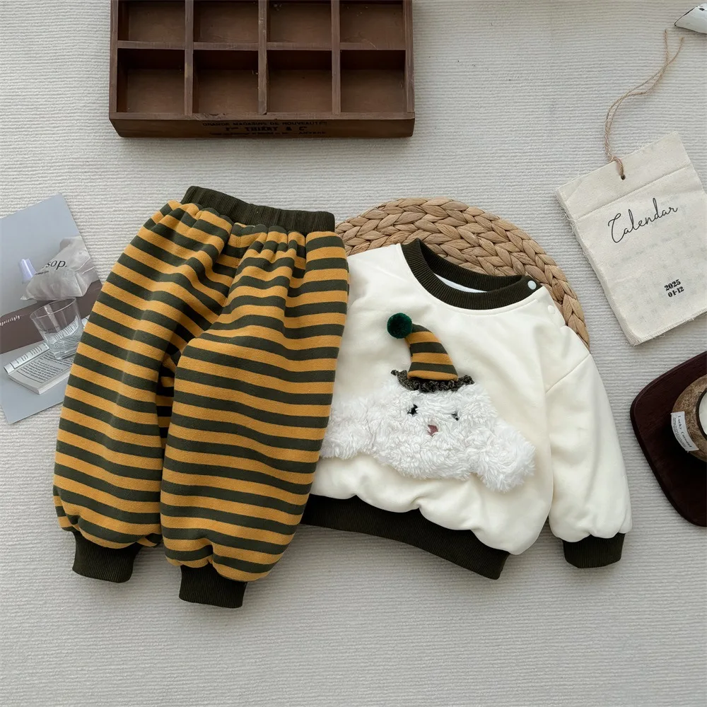 2024 Winter Korean 1-3 Years Baby Boys 2PCS Clothes Set Thin Cotton Cartoon Sweatshirts Striped Pants Suit Toddler Boys Outfits