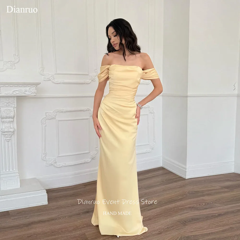 

Dianruo Pastel Yellow Straight Evening Dress Off Shoulder Party Gown Unique Short Sleeves Vestidós Casamento Madrinha Customized