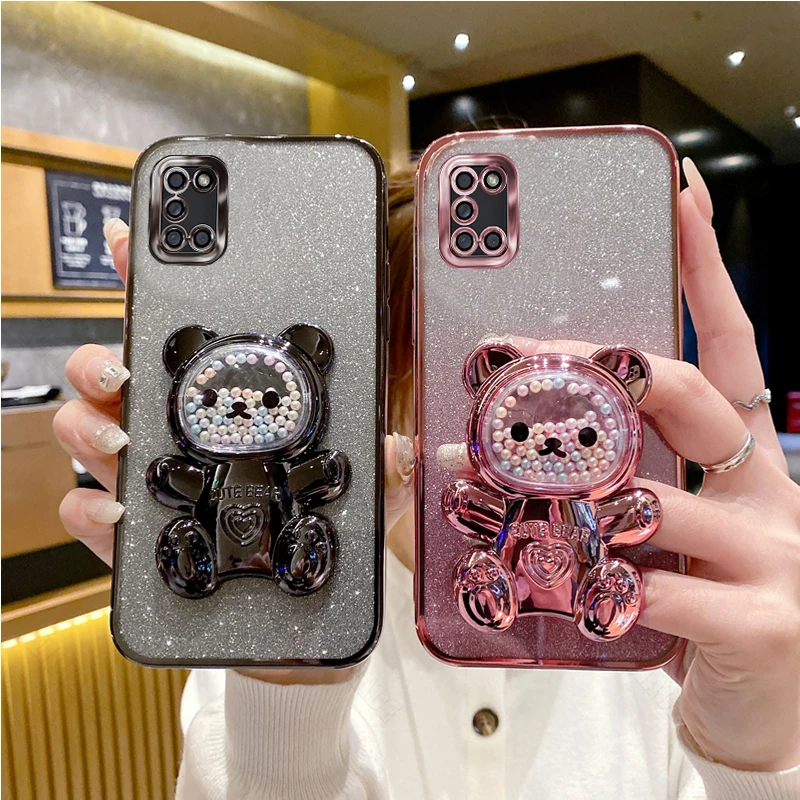 A 31 A 51 A 71 Glitter Bling Bear Silicone Phone Holder Case On For Samsung Galaxy A31 A51 A71 4G Girl Woman Stand Back Cover