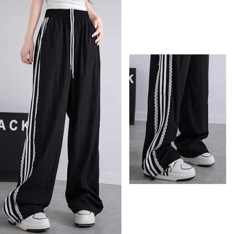 New Girls Lace Patchwork Striped Pants Hot Sale Women Quick Drying Casual Trousers Lady Designer Fashion High Waist Pants