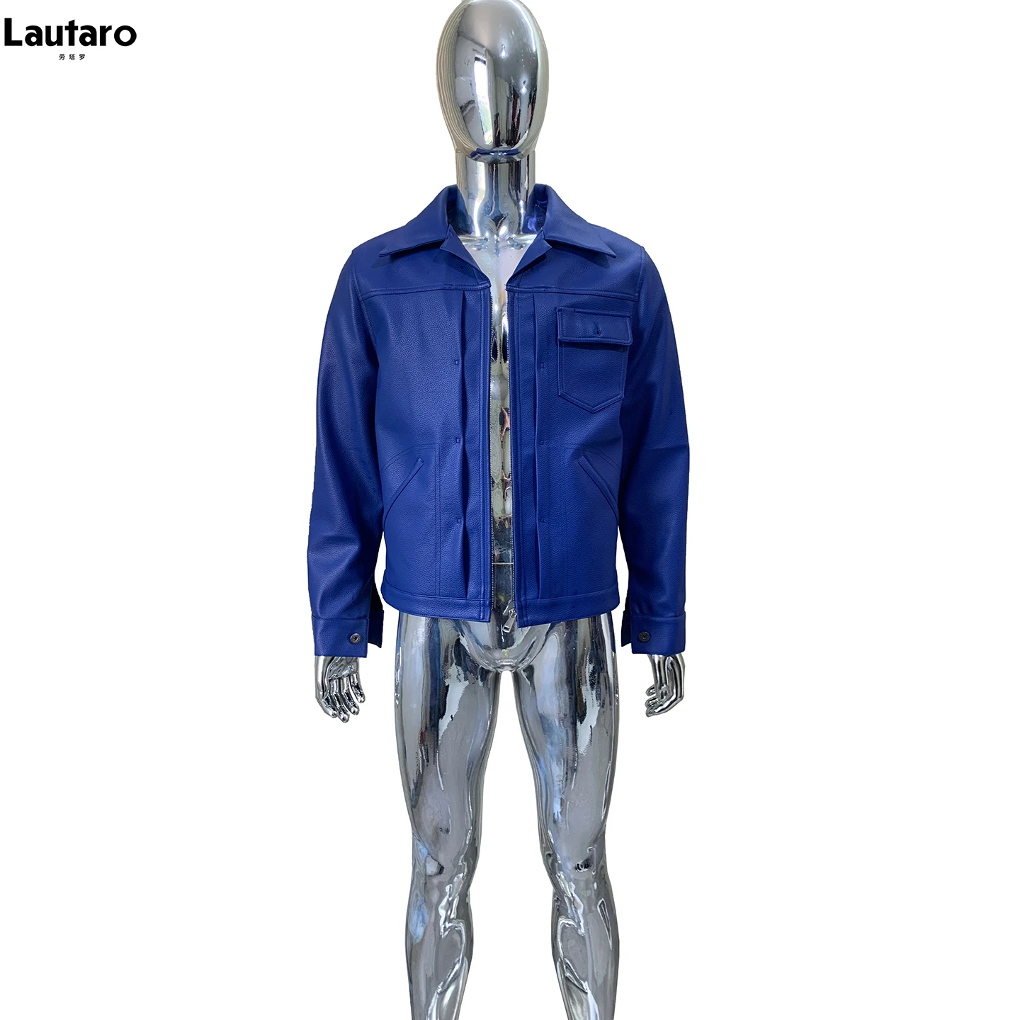 lautaro Spring Autumn Cool Short Blue Hard Pu Leather Jacket Men Zipper Long Sleeve High Quality Luxury Menswear Clothes 2026