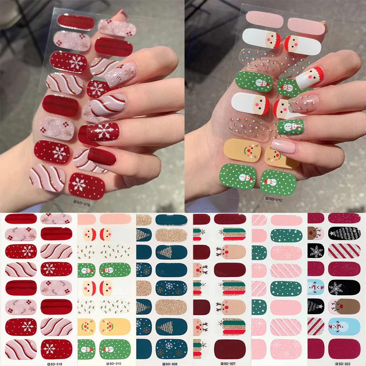 6pcs/set Merry Christmas Nail Art Sticker Semi Cured Gel Nail Polish Strips Full Cover Self-Ashesive Girls Beauty Nails Wraps