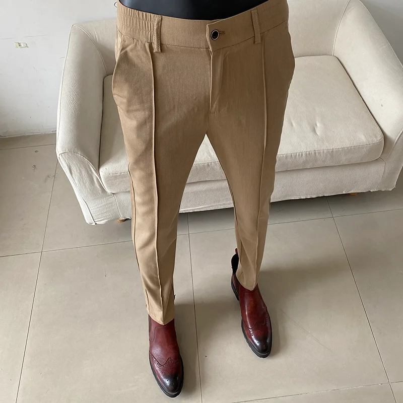 

Мужские брюки для костюма, летние, легкие, тонкие, однотонные, повседневные, высокого качества, с эластичным поясом, облегающие, формальные, для торжественных случаев, мужская одежда