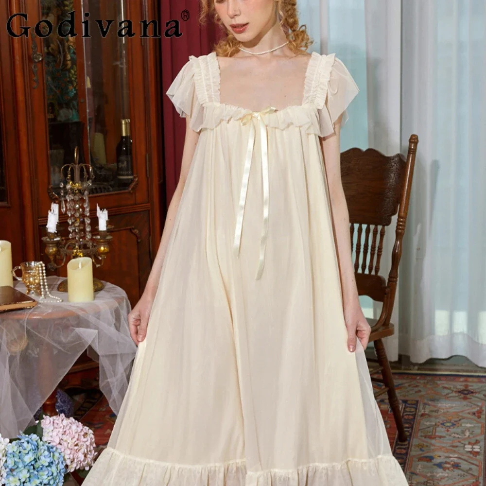 

Cotton Sleepwear Lace Court Style Pajamas White Dress Summer Princess Suspender Home Wear Girly Casual Women's Nightgowns