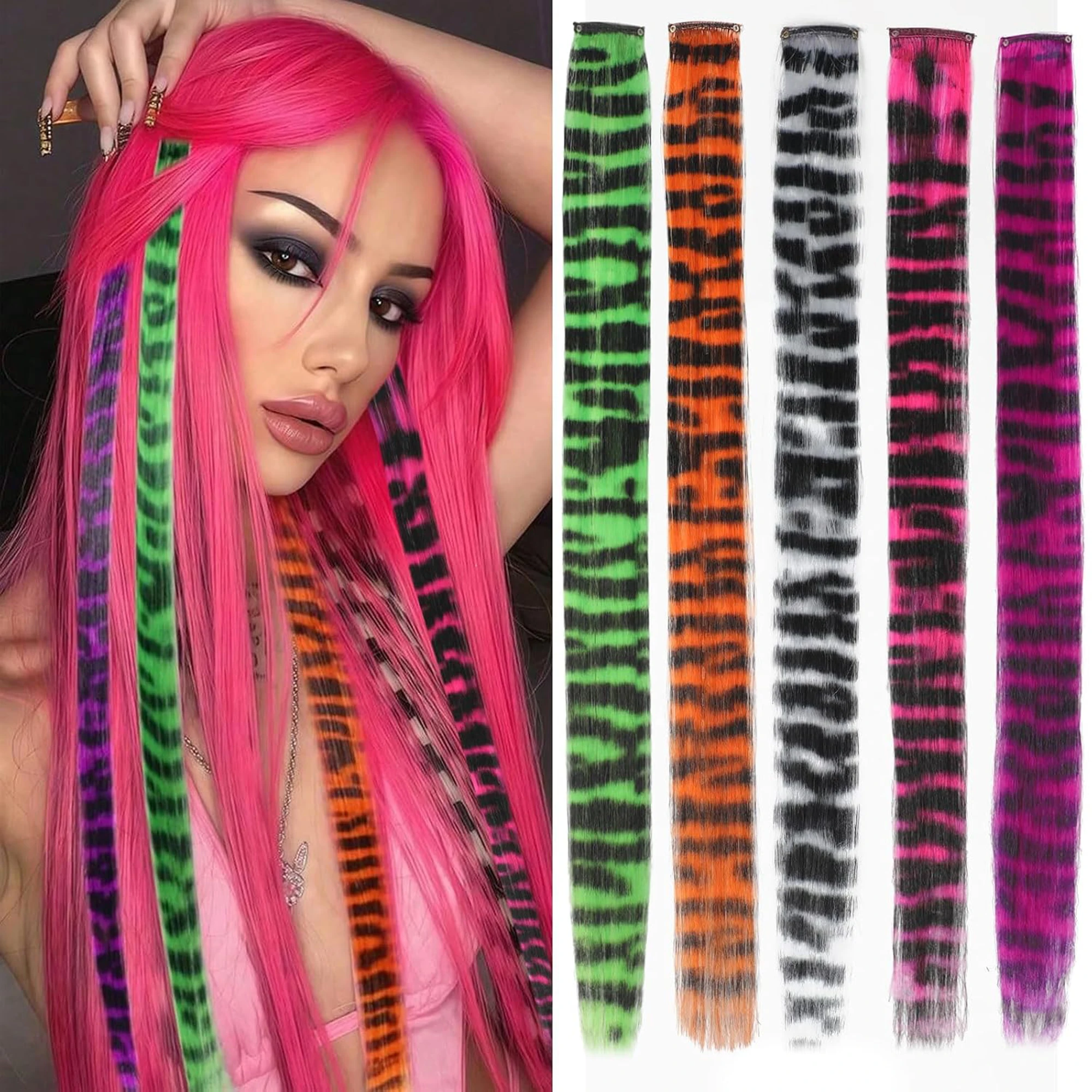 Hair Extensions Synthetic Clip in Leopard Print Hair Piece 22in Long Straight Colorful Striped Hairpieces Halloween Party Cos