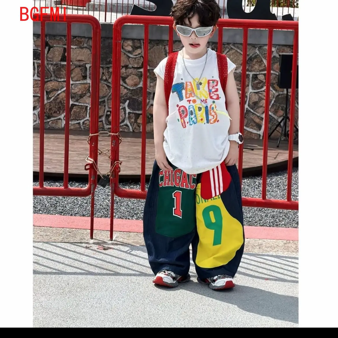 2-11Y Children's Thin Set 2026 New Style Fine Sparkle Color Letters Sleeveless Vest + Versatile Imitation Jeans Set Boy Outfits