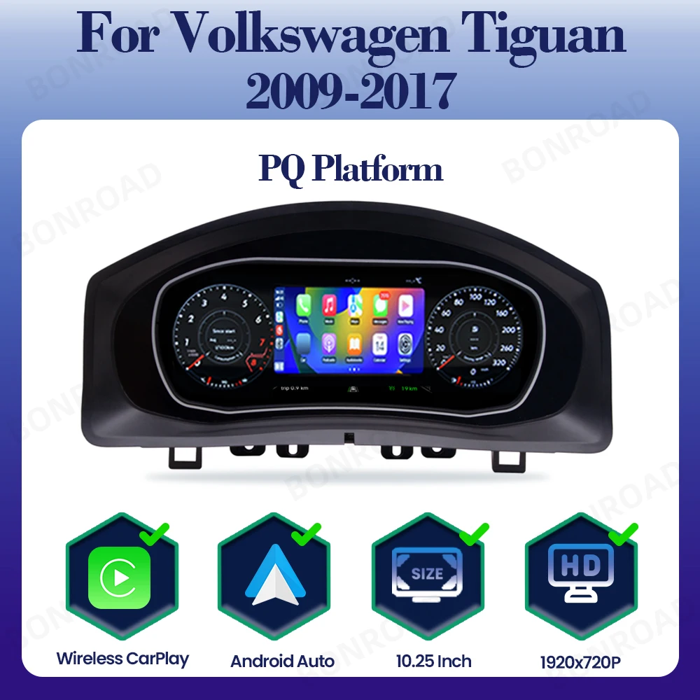 BONROAD Linux 1920*720P LCD digitaal instrumentenpaneel dashboard draadloze CarPlay Android Auto voor Volkswagen Golf 5 Golf 6 Golf 7/7.5 Passat B7 CC Passat B8 Scirocco Tiguan snelheidsmeter cockpit