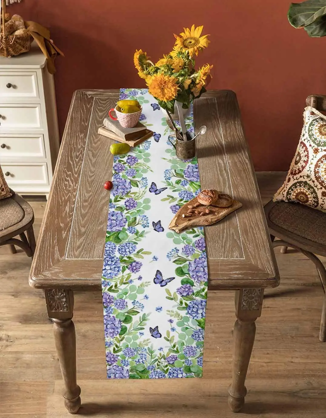 Frühlingshortensien-Blumen-Schmetterlings-Leinen-Tischläufer Partydekoration Bauernhaus-Küchen-Esstischläufer Hochzeitsdekorationen – Detail 5