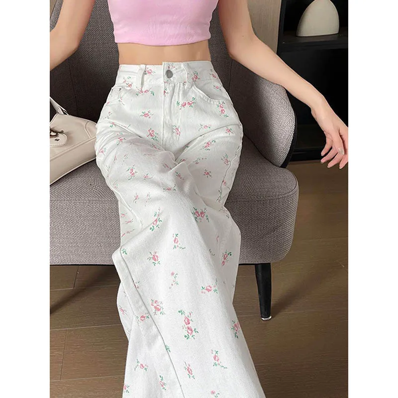 Pantalones vaqueros rectos con flores rotas para mujer, pantalones finos sueltos de cintura alta, pantalones de pierna ancha informales, pantalones vaqueros de cintura alta para primavera y verano
