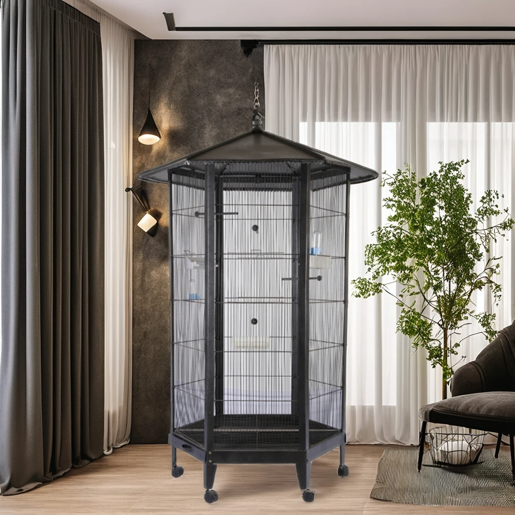 Custom Large Outdoor Wrought Iron Hexagon Bird Cage Solid Pattern Pet House For Parrot Canary Birds Aviary Flying Animals Box