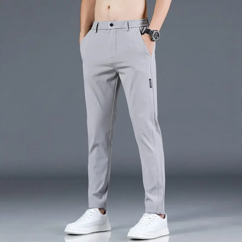 Summer Men's Casual Pants Men Trousers Casual Male Pant Slim Fit Work Elastic Waist Green Grey Light Thin Cool Trousers 28-38