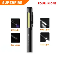 SUPERFIRE-J01 LED懐中電灯,uv,cob,赤,インジケーターライト付きポータブルペントーチ,無呼吸ランタン