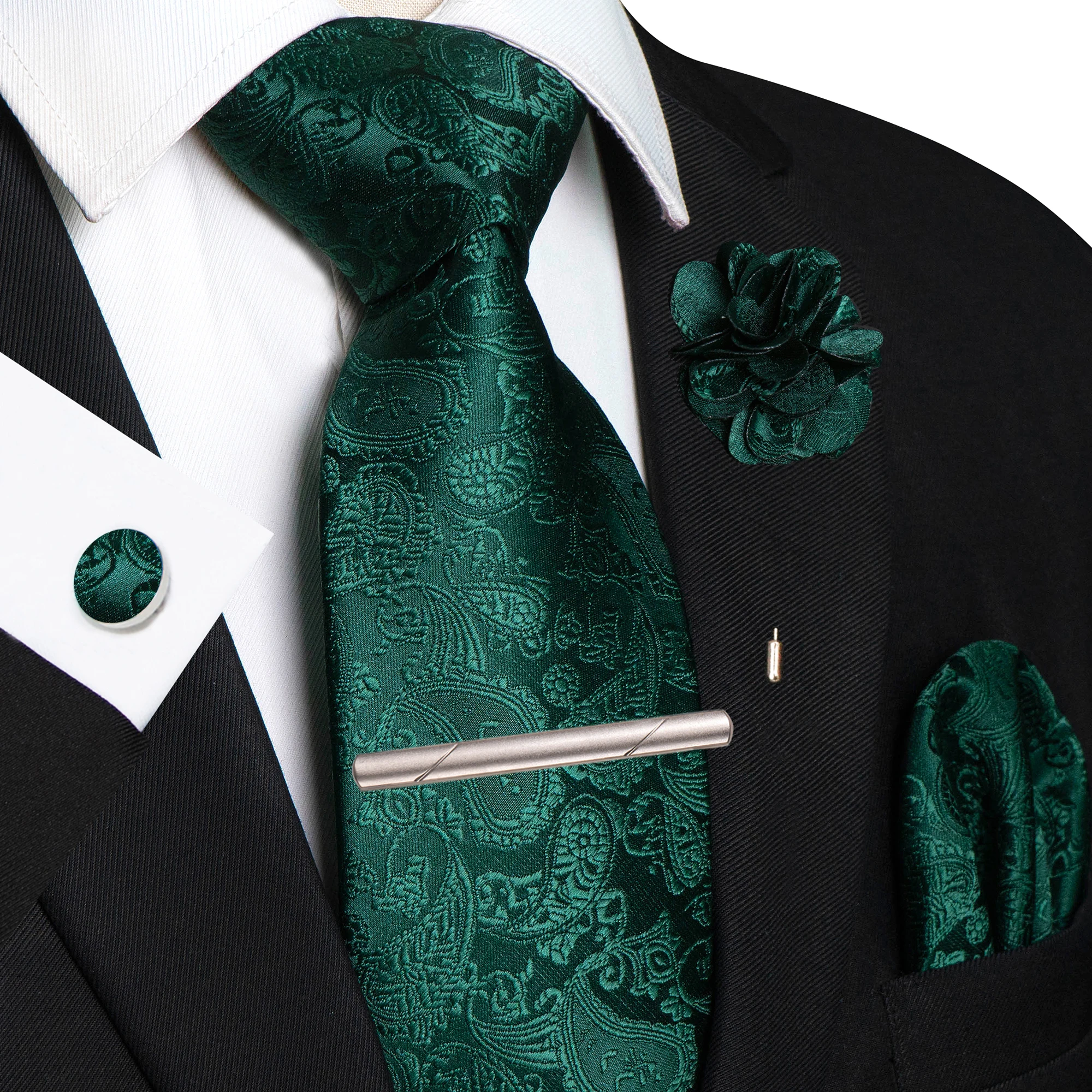 Champagnerfarbene Seidenkrawatte mit Blumen-Paisley-Muster für Herren, Bräutigam, Hochzeit, Herrenkrawatte, Einstecktuch, Manschettenknöpfe, Brosche, Krawattenklammer, Accessoire – Detail 5