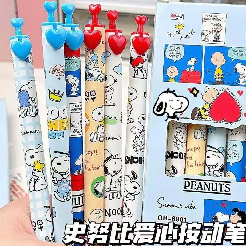 6 Pennen/doos Kawaii Snoopy Zwarte Gel Pen 0.5Mm Gebrekken Inkt Handtekening Pen Anime School Schrijven Leveringen Briefpapier kinderen Geschenken