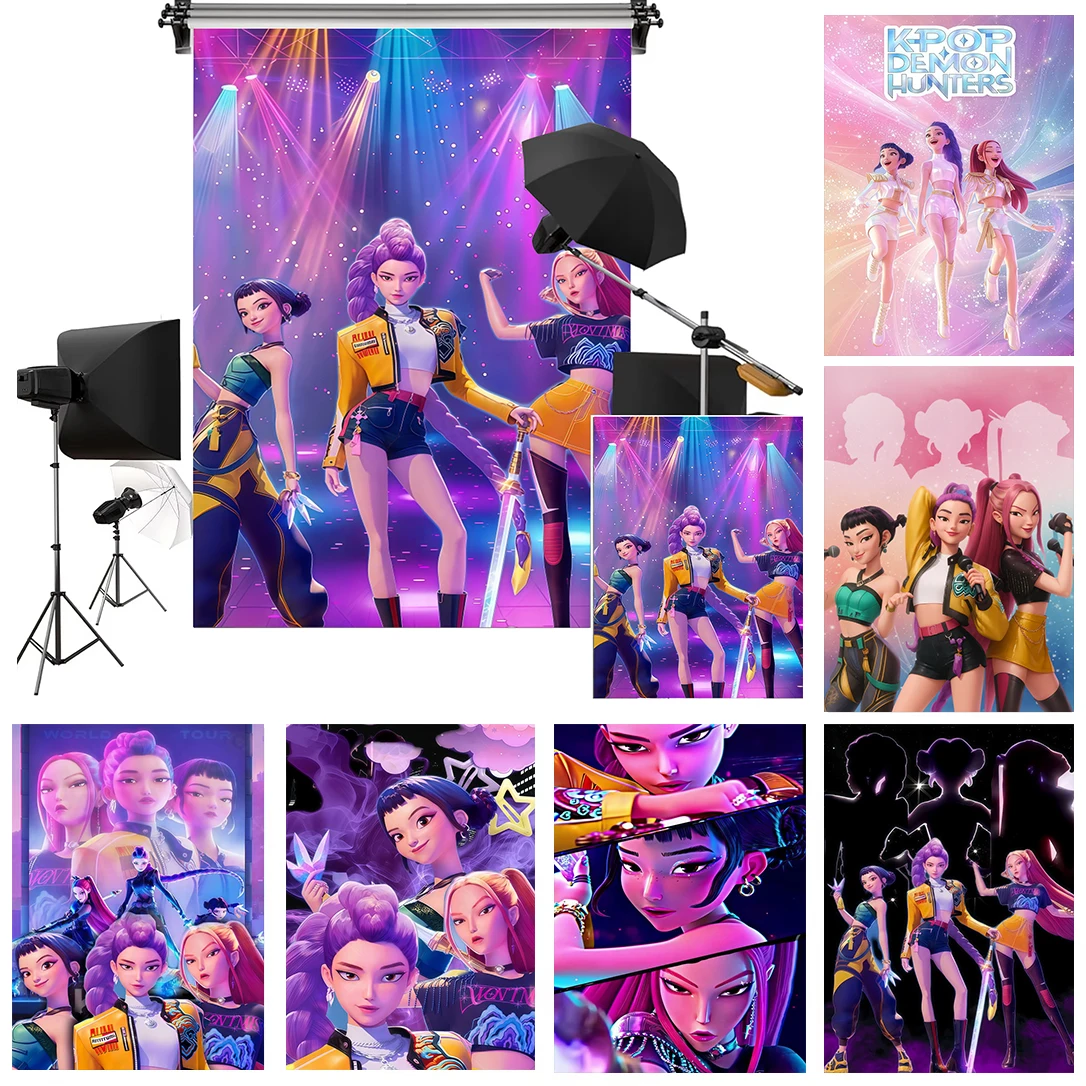 Hot KPop Girl Demon Hunters Photography Backdrop Neon Concert Stage Girl Birthday Party Idol Fan Party Portrait Photo Background