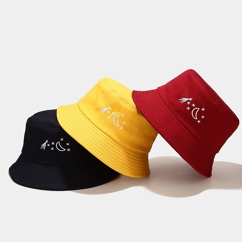 Reversible Moon Star Embroidered Bucket Hat Unisex Black White Double Sided Fisherman Cap Casual Summer Sun Hat