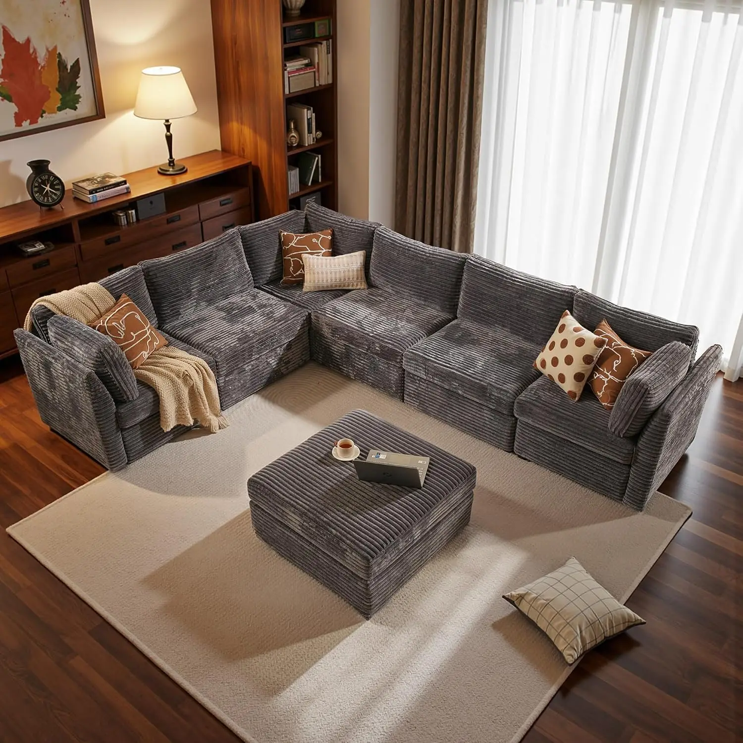 Modular Sectional Sofa 7 Piece U L Shaped Cloud Couch with Ottoman Chaise Set Grey Velvet Corduroy, Customized