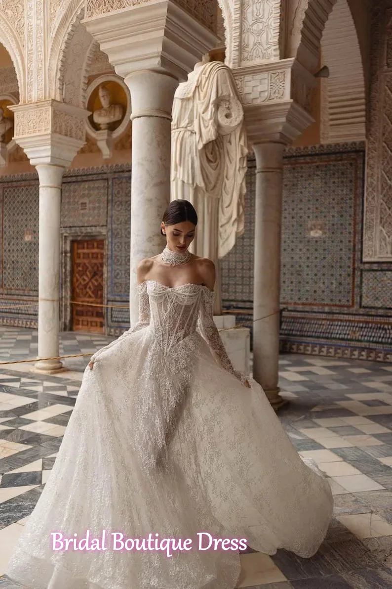 New Arrivals Off The Shoulder Long Sleeve Sweetheart Neck Lace A-Line Bridal Wedding Dress Vestido De Novia