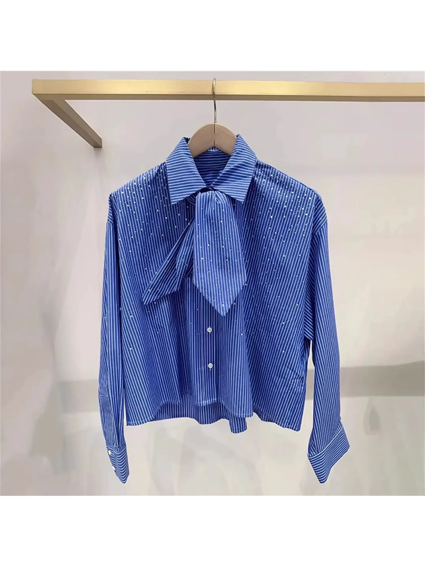 

M Home Early Spring 2026 Design Sense Drill Tie Bow Blue White Stripe Collar irt French Sle Loose Fit Long Sve Cotton