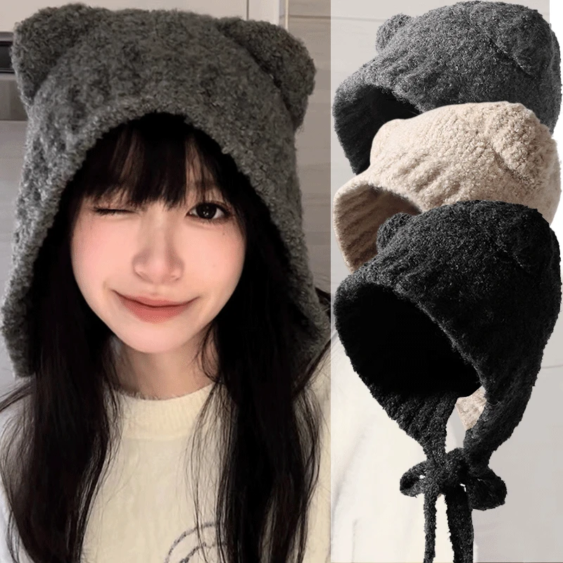 Gorro de lana con orejas de oso para mujer, gorro de bombardero de punto con cordones, versátil y cálido, Otoño e Invierno