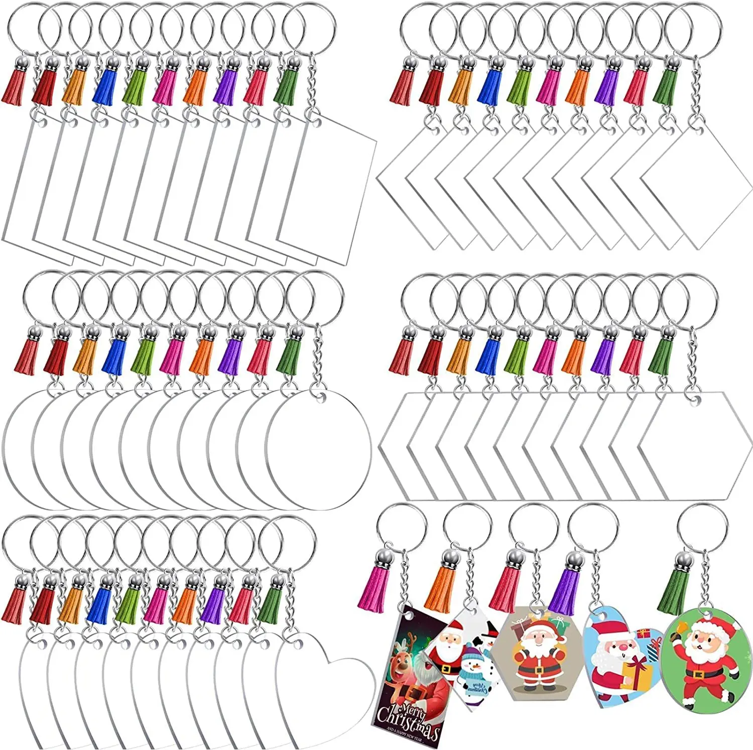 120/200 Stück Acryl-Schlüsselanhänger in großen Mengen mit 5 Formen, klare Acryl-Rohlinge, Leder-Quasten-Charms, Schlüsselanhänger, Biegering für Heimwerker