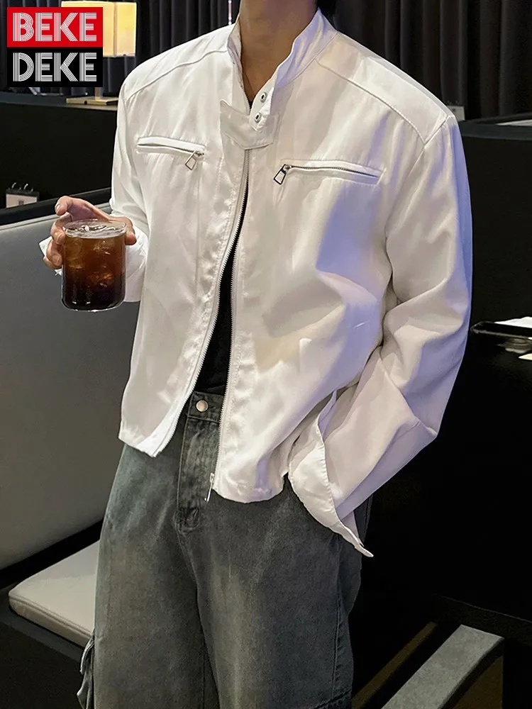 Fashion Mens Autumn Stand Collar Loose Fit Jacket Zipper Business Casual Work Outwear Coat Streetwear New Designer Male Jackets