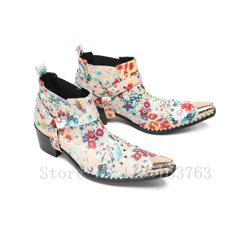 Men Floral Print Cowboy Ankle Boots Metal Pointed Toe Buckle Strap Chunky Heel Short Booties Fashion Party Daily Dress Shoes