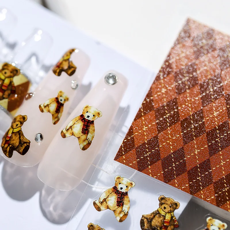 Lovely Brown Bear Cartoon Nail Art Decoration Stickers Classic Plaid Pattern 3D Self Adhesive Nail Decals Wholesale Dropshipping