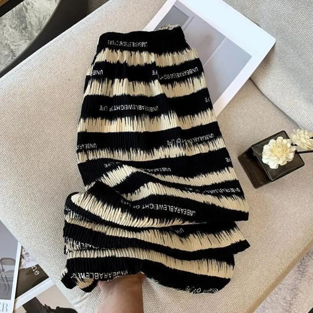 Loose Trousers Women Wide-leg Pants Stylish Women's Casual Pants Elastic High Waist Wide-leg Lounge Trousers Striped Print