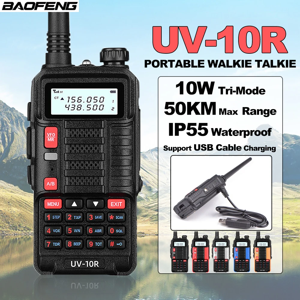 BAOFENG UV-10R Walkie Talkie 10W Tri-Mode High Power Dual Band Two Way Radios 50KM Long Range Communication Transceiver BF-UV10R