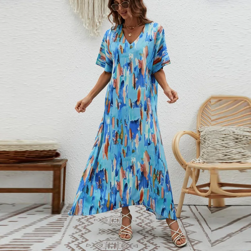 

HMR-2024Summer New Elegant DressVCollar Printed High Waist Loose Big Hem Short Sleeve Dress Women