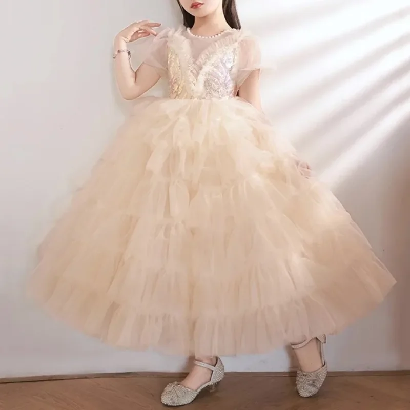 Vestido de fiesta de cumpleaños de manga abullonada con lentejuelas de temperamento, cuello redondo, malla escalonada, Vestidos de princesa, Vestidos de flores para niñas