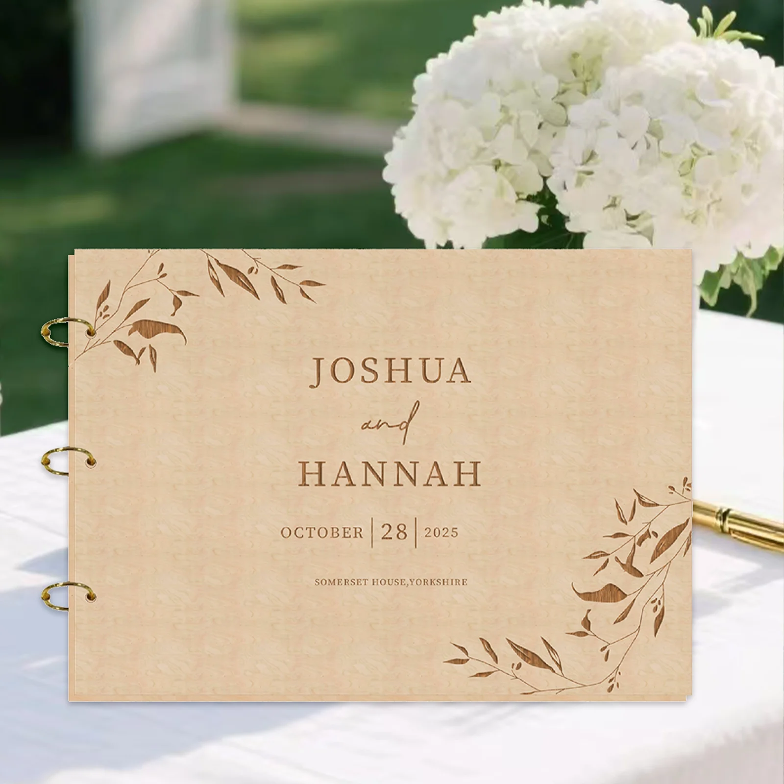

Personalized Wooden Wedding Guestbook - A4 Landscape 31x21.5cm Custom Name/Date/Location, 30 Pages Floral Design Keepsake