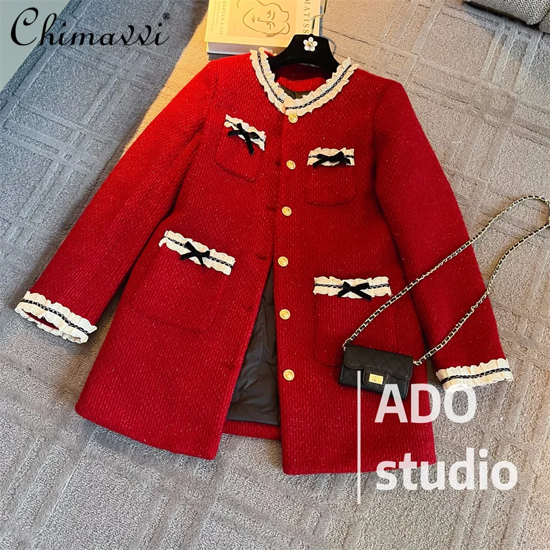 

2025 зимняя новая высококачественная модная куртка-пуховик средней длины для женщин, теплое элегантное тонкое толстое шерстяное пальто с длинными рукавами