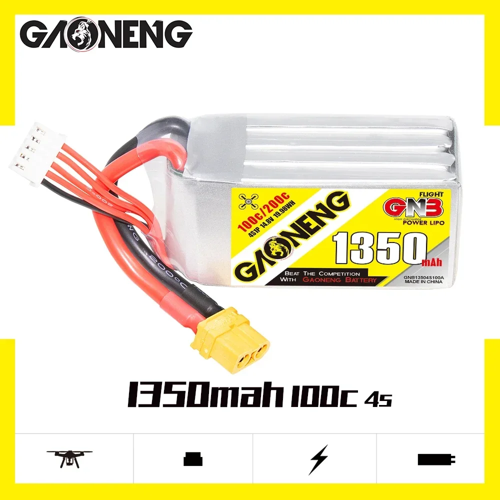 

Gaoneng GNB 4S1P 1350mAh 14.8V 100C Lipo Battery Wtih XT60 Plug For 250 Size 3D FPV Racing Drone RC Quadcopter Multirotor Parts