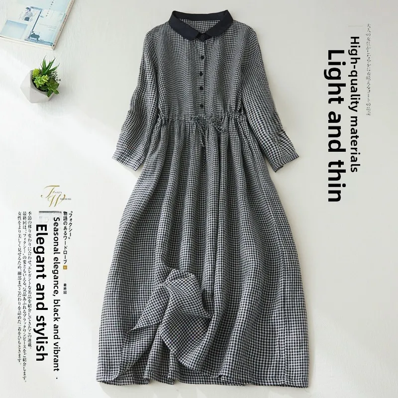 

Black White Plaid Dress Collar Long Sleeve Midi Skirt Spring Autumn New Design Sensation Commute Style Cotton Blend Dress