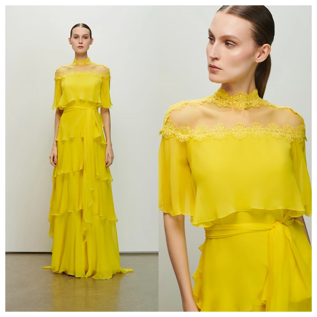 Moda personalizada amarelo chiffon vestido de noite gola alta mangas curtas vestidos de celebridades com zíper voltar vestido de festa moderno