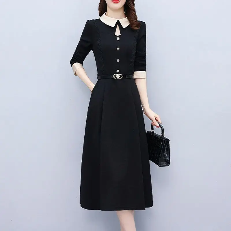 Autumn and Winter New Korean Mid to Long Fashion Dress with Doll Neck and Elegant Black Waist