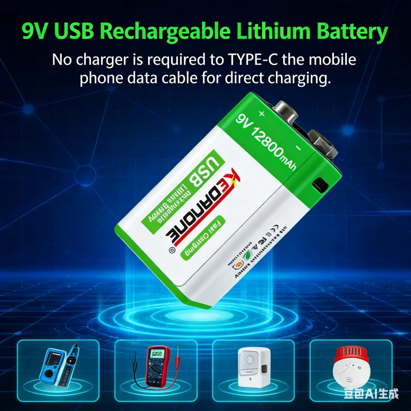 

9V 6F22 NI-MH Rechargeable Battery 13800mAh For Multimeter Microphone Guitar Metal Detector Smoke Alarm+charging cable