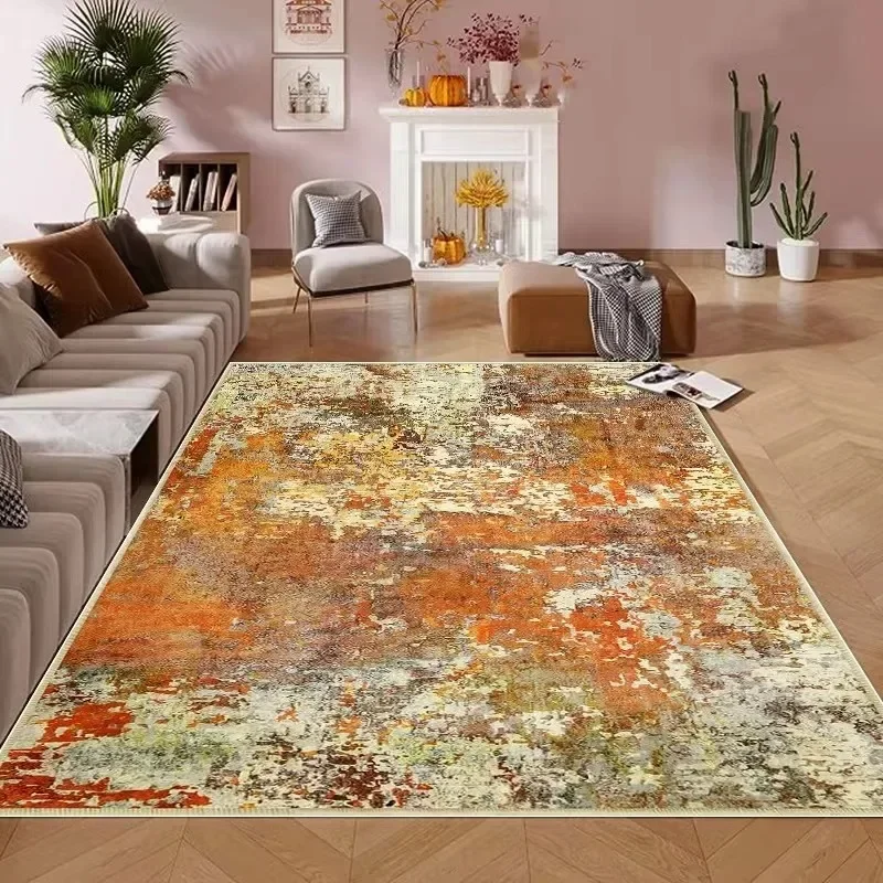 Vintage Abstract Area Carpet Burnt Orange Beige Distressed Faded Splash Retro Print Large Floor Rug for Living Room