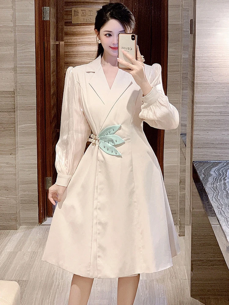 

Vintage Spring Fashion Blazer Dress For Women French Elegant Office Ladies Long Sleeve Female Beading Slim Waist Party Dresses