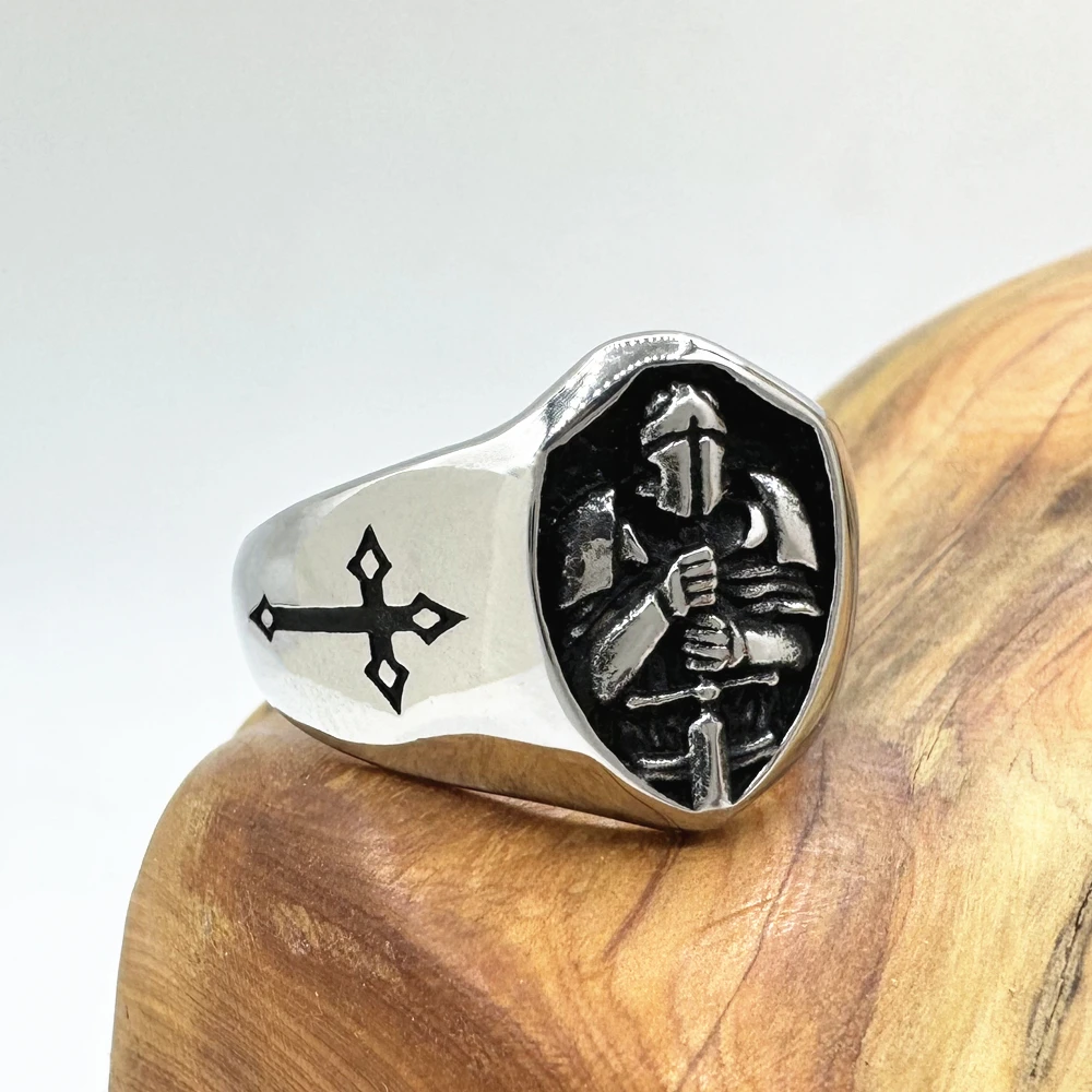 Solid Warrior Cross Ring 316L Stainless Steel Jewelry Helmet and Armor Hero Man Ring size 7-13
