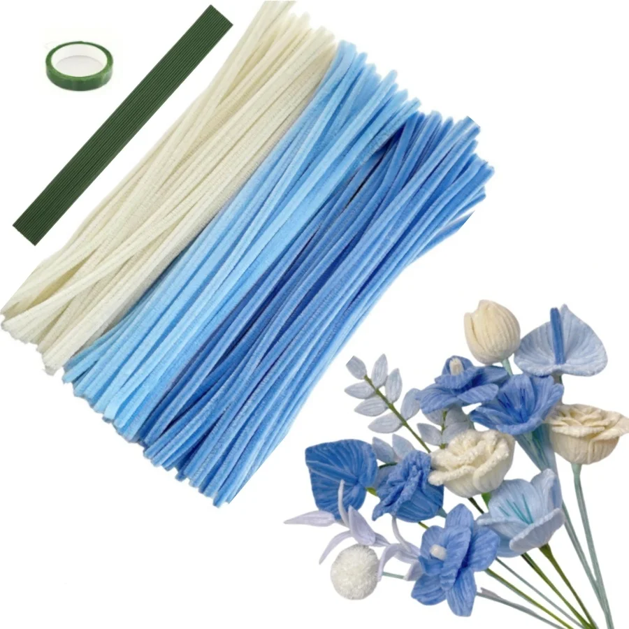 150/161 Pieces Blue and White Pipe Cleaner Flower Set, DIY Craft Set, for Mother's Day, Graduation Ceremony, Valentine's Day