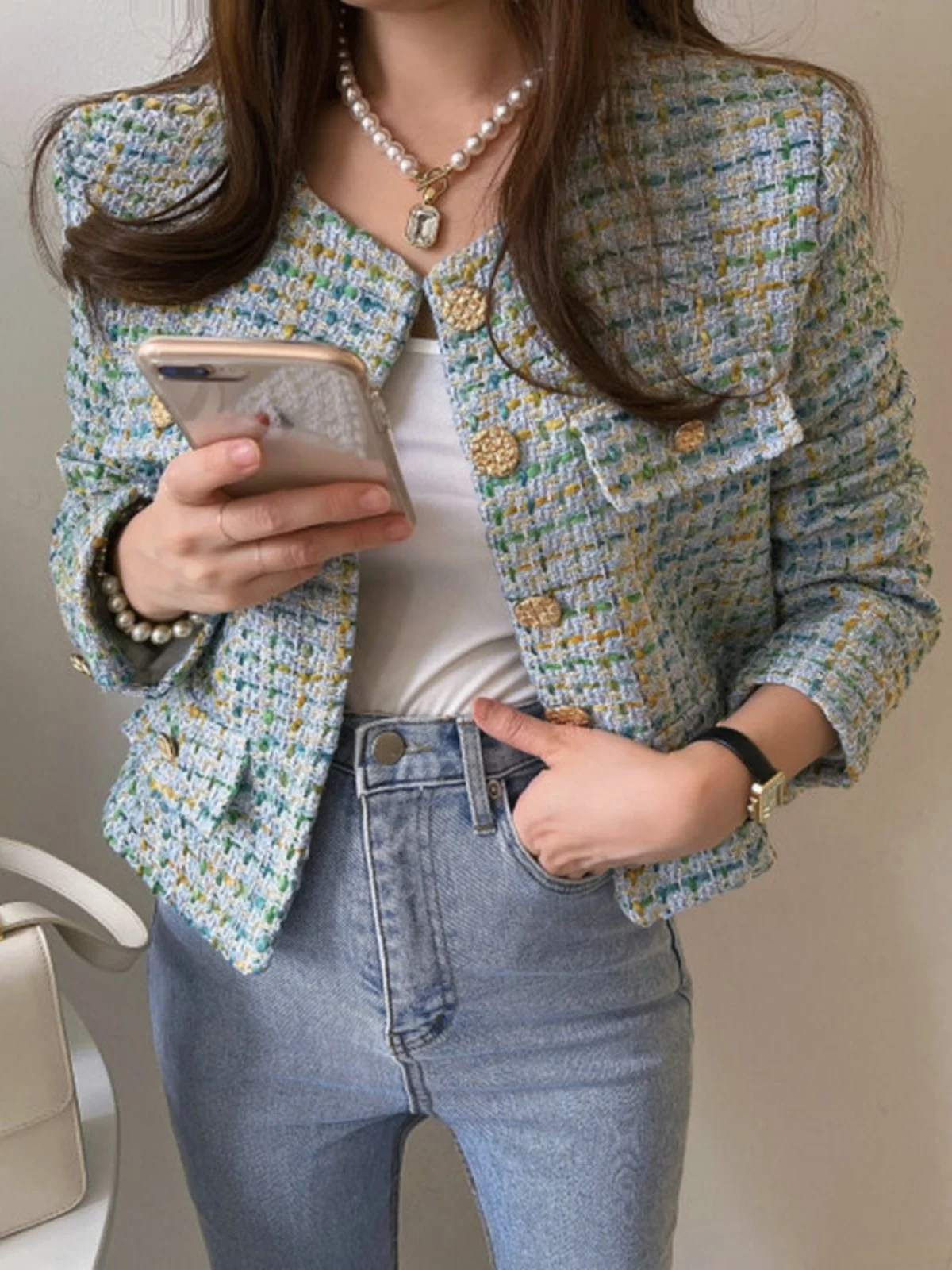 

Ele Long Sve Knitted Outerwear with Mixed Color Yarn And Single Row Gold Bule Autumn Faion Small Fraance Sle