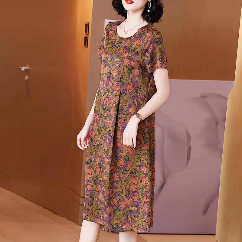 Mulberry Silk Fragrant Cloud Yarn Summer Female Clothing Round Neck Vintage Printing Loose Short Sleeve Pleated Midi Dresses