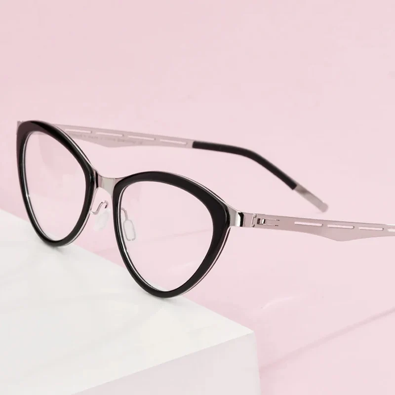 FONEX Acetate Alloy Glasses Frame Women Fashion Brand Design Cat Eye Eyeglasses Cateye Screwless Germany Japanese Eyewear 1008