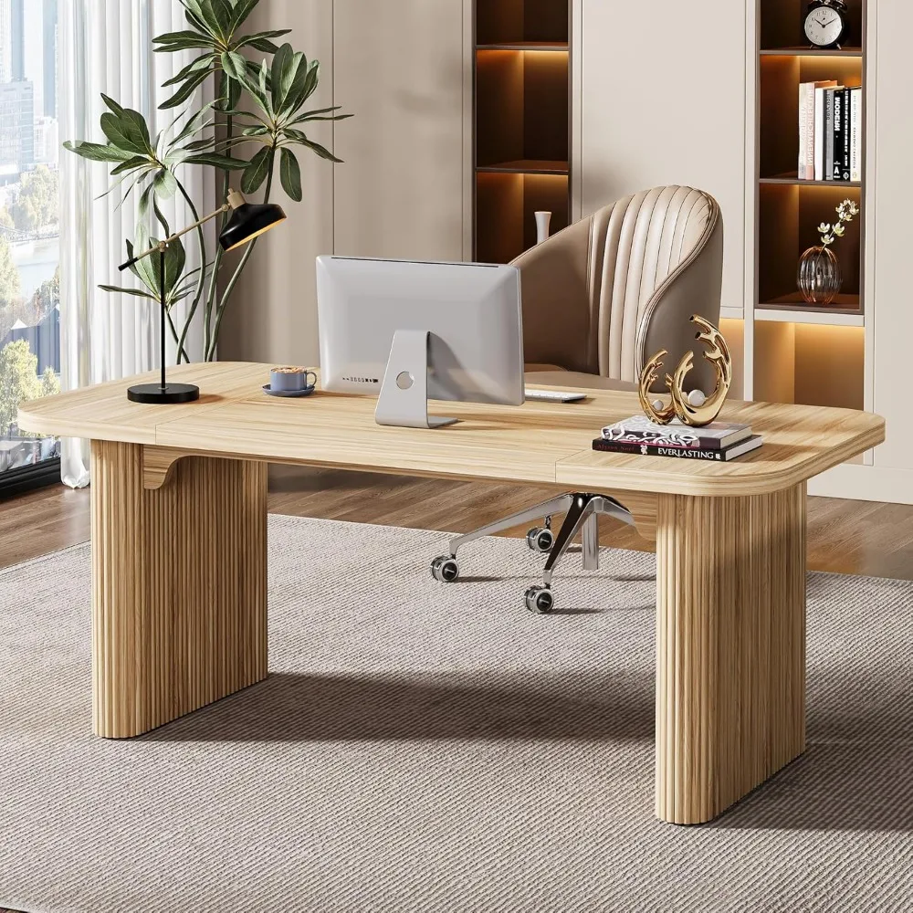 

Modern Office Desk, 62-Inch Wood Executive Desk, Large Aesthetic Computer Work Desk with Double Pedestal, Workstation for Home