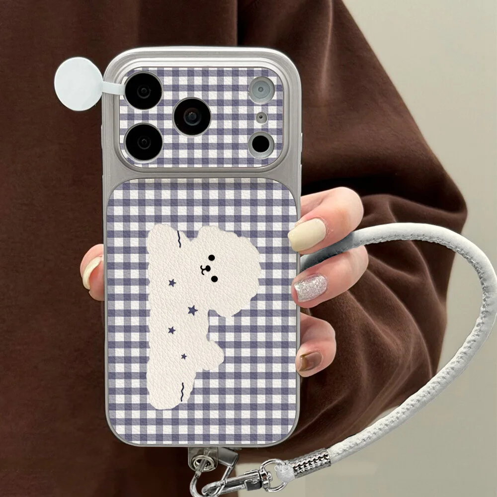 Niedliche Karierte Welpen-Leder-Handyhülle für iPhone 17 Pro Max Hülle iPhone 16 15 11 14 13 12 Stoßfeste Sturzsichere Hülle mit Trageband