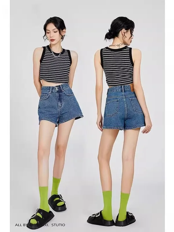 

Deep Blue Wide Leg Denim orts Women's Thin Summer New Loose Slimming Versatile High Waist A-Line Hot Pants Casual Sle